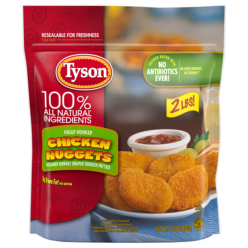 Tyson Fully Cooked Chicken Nuggets are a delicious addition to any family meal. Our frozen chicken nuggets are made with all natural* chicken with no preservatives, then breaded and seasoned to perfection. Fully cooked and ready to eat, simply heat breaded chicken patties in an oven, air fryer, or microwave and serve for a delicious lunch. *Minimally processed, no artificial ingredients.