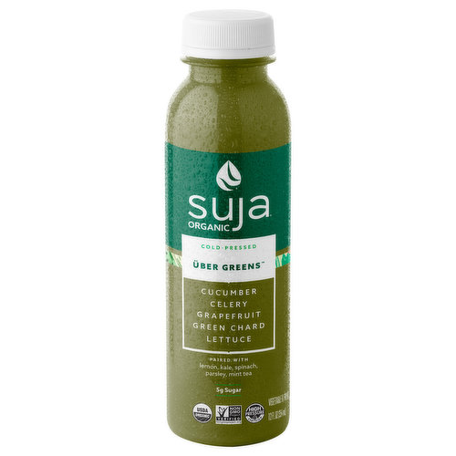 Cucumber. Celery. Grapefruit. Green chard. Lettuce. No added flavors. 5 g sugar. USDA Organic. Certified Organic by CCOF. Vegan. Gluten free. Non GMO Project verified. nongmoproject.org. Cold-pressed. So fresh & so green. Suja is made sunny in San Diego, where we pick our favorite local fruits and veggies and then chill them out with cold pressure to keep them feeling fresh and tasting delicious. We bottle up the power of plants so you can make nutrition bliss! No preservatives. High Pressure Certified. sujajuice.com/hpp. Follow (at)lovesuja. Please recycle.