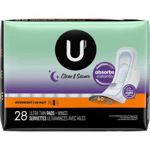 U by Kotex Clean & Secure Ultra Thin Overnight Pads with Wings, 28