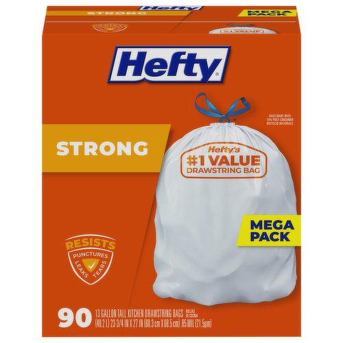 Hefty Tall Kitchen Bags, Drawstring, Strong, 13 Gallon, Mega Pack - 90 bags