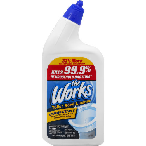 Kills 99.9% of household bacteria (Kills the following Household Bacteria: Salmonella, Escherichia coli, Staphylococcus aureus). Removes rust, lime scale & hard water stains. 33% more other leading national brands (Compared to 24 fl oz of the other leading national brands). Will not harm septic system. Disinfectant removes rust, lime scale & hard water stains. Questions? Comments? 1-800-448-5281. www.TheWorksWorks.com.