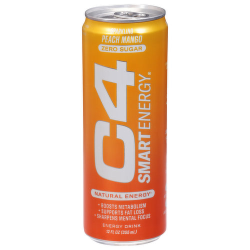 C4 Smart Energy Energy Drink, Zero Sugar, Peach Mango, Sparkling