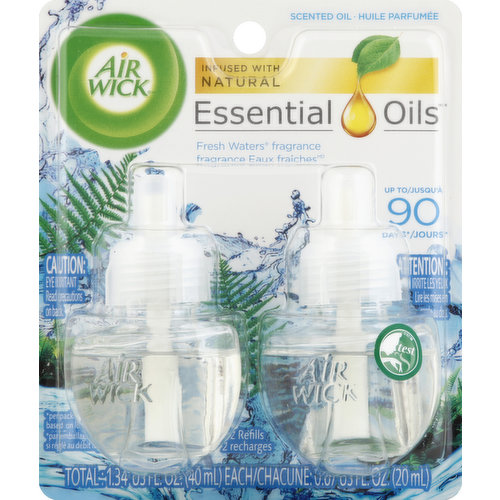 Infused with natural essential oils. Up to 90 days (per pack, based on low setting). Captures the freshness of a cool, sparkling stream mixed with the light scent of a summer evening breeze. Long lasting fragrance. Health. Hygiene. Home. Questions? 1-800-228-4722. For ingredient and other information www.airwick.us. Made in Mexico.