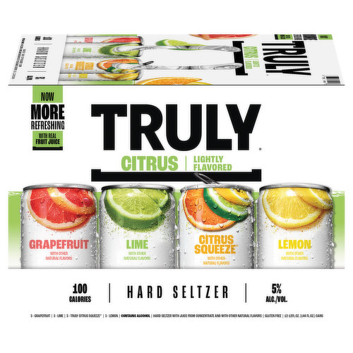 Truly Hard Seltzer Citrus Variety 12 pack combines four tangy and crisp fruits into one pack - Lime, Grapefruit, Citrus Squeeze, and Lemon.  Each can is packed with notes of citrus and tart flavors.  With a hint of flavor with real fruit juice from concentrate, this pack is sure to have everyone unwind and take it easy.  Each 12oz. can of Truly has 5% alc./vol., 100 calories and 1g sugars for refreshment that won’t weigh you down. Three 12 oz. cans of each flavor. Variety 12 pack, 12 fluid ounce slim cans. Gluten Free.