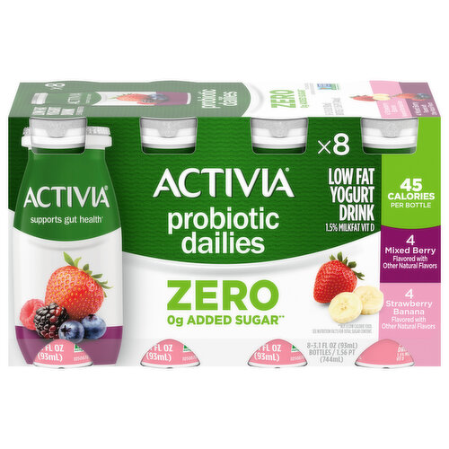 Activia Yogurt Drink, Low Fat, 1.5% Milkfat, Zero Added Sugar, Mixed Berry/Strawberry Banana