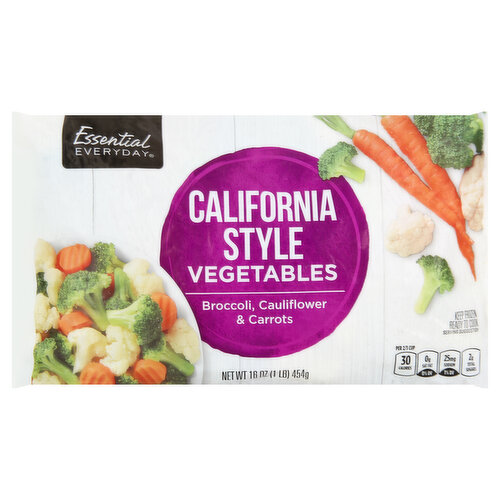 Broccoli, cauliflower & carrots. Per 2/3 Cup: 30 calories; 0 g sat fat (0% DV); 25 mg sodium (1% DV); 2 g total sugar Ready to cook. Great price at a price you'll love - that's Essential Everyday. Our goal is to provide the products your family wants, at a substantial savings versus comparable brands. We're so confident that you'll love Essential Everyday, we stand behind our products with a 100% satisfaction guarantee. essentialeveryday.com. Product of Mexico.