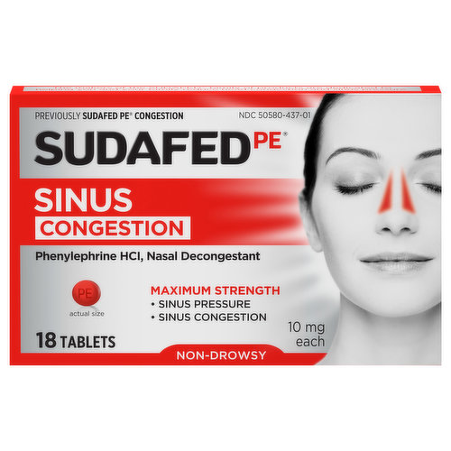 Sudafed PE Sinus Congestion, Non-Drowsy, Maximum Strength, 10 mg, Tablets