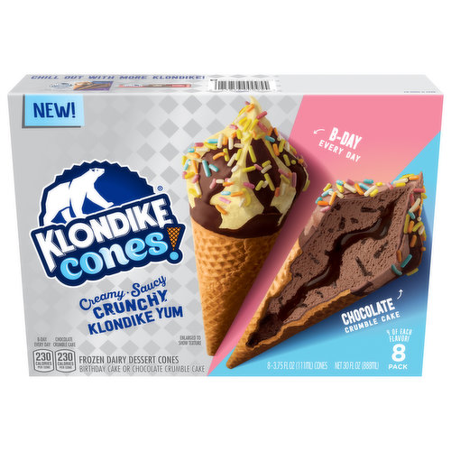 Klondike Cones! Frozen Dairy Dessert Cones, Birthday Cake or Chocolate Crumble Cake, 8 Pack