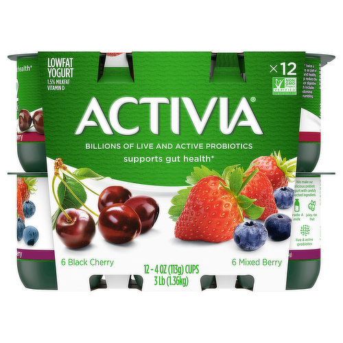 Activia Yogurt, Lowfat, Black Cherry/ Mixed Berry, 1.5% milkfat.