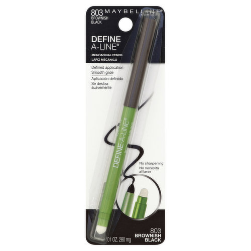 Defined application. Smooth glide. No sharpening. Glides on smoothly and precisely in just one stroke. Contoured smudger makes blending easy. Safe for sensitive eyes. Contact lens safe. Ophthalmologist tested. www.maybelline.com. Made in Germany.