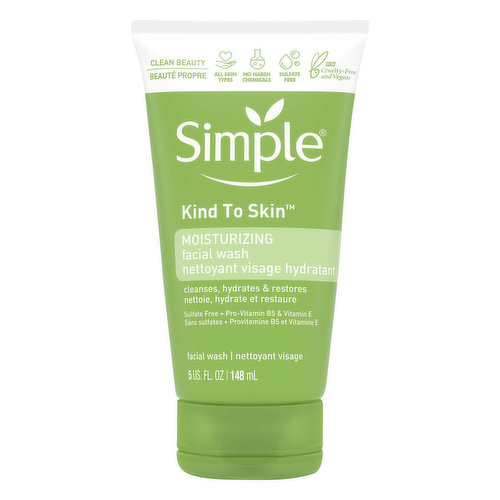 Vegan. Sulfate free + pro-vitamin B5 & vitamin E. Clean beauty. All skin types. No harsh chemicals. Cleanses, hydrates & restores. Clean & kind beauty for all. Even for sensitive skin. Gentle, worry-free cleansing. Dermatologist tested. Our special blend. No artificial color. No artificial fragrance. No drying alcohol. No mineral oil. No soap. No parabens. No added phthalates. No sulfates. Non comedogenic. Hypoallergenic. www.simpleskincare.ca. www.soinsdelapeausimple.ca. how2recycle.info. Smartlabel app enabled/active. Certified Cruelty-Free. Globally, Simple does not test on animals.
