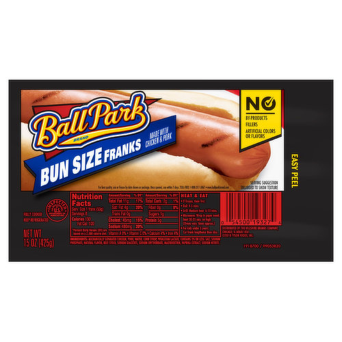 Ball Park Classic Bun Size Length Hot Dogs are made with no artificial flavors, colors, fillers or by products. The bold flavor of Ball Park franks is perfect for your outdoor barbecues and ball games. Grill these franks and serve with your favorite condiments. These Ball Park hot dogs are easy to prepare on the stove or in the microwave. Each pack includes 8 hot dogs.