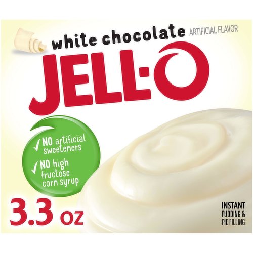 Jell-O White Chocolate Instant Pudding Mix offers a delicious flavor, whether you eat it as a treat or use it as an ingredient in your favorite dessert recipes. The delicious white chocolate flavor tastes great as an instant pie filling or with a dollop of whipped topping. It contains no high fructose corn syrup or artificial sweeteners. The dessert is easy to make in just five minutes; simply stir milk into the pudding powder and allow to set. You will quickly have a delicious pudding that the entire family will enjoy. The 3.3 ounce box of Jell-O white chocolate pudding mix comes individually packaged in a sealed pouch.