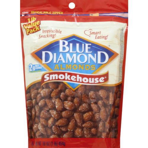Irresistible snacking! 2 g net carbs per serving. See back panel. Smart eating! Scientific evidence suggests, but does not prove, that eating 1.5 ounces per day of most nuts, such as almonds, as part of a diet low in saturated fat and cholesterol may reduce the risk of heart disease. See nutrition information for fat content. Resealable zipper. Consistent quality and great value! Since 1910, Blue Diamond Growers has been producing the finest quality almonds from orchards in the rich, fertile valleys of California. We are proud to offer you and your family our prime selection of almonds for your snacking enjoyment. This large, convenient, resealable bag provides a great value. Almonds are calorie smart. No cholesterol. Good source of fiber. Good source of protein. No artificial ingredients. Peanut free. From the Almond People. 5 g total carbs - 3 g fiber = 2 g net carbs per serving. Questions or comments? Write Blue Diamond Customer Support, Sacramento, CA 95812. Please include code number found on the package with all inquiries. www.bluediamond.com. From California.