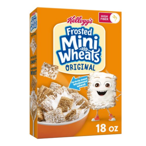 Greet the day with Kellogg's Original Frosted Mini-Wheats, a wholesome, low-fat breakfast cereal that's built for big days. Includes one, 18-ounce box of Frosted Mini-Wheats breakfast cereal. These bite-sized biscuits pack a hearty crunch with crispy layers of wheat made from 100% whole grain and frosted with irresistible sweetness in every bite. With 48 grams of whole grain per 60-gram serving, these tasty squares are not only delicious but are an excellent source of fiber; Each serving contains a good source of 7 vitamins and minerals to help fuel you for what's ahead. Enjoy wheat bites throughout the day, as a well-deserved snack at the office, an afternoon pick-me-up, a post-workout treat, or a late-night bowlful of sweet, crunchy cereal. A travel-ready food, this cereal is perfect to pack for lunchboxes, after-school snacks, sporting events, and busy, on-the-go moments. Frosted Mini-Wheats are a great start to your morning breakfast routine and for the adventures that follow.