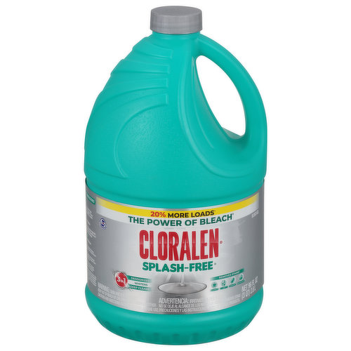 20% more loads (Vs Cloralen Splash-free 121 fl oz). The power of bleach. 3 in 1: Deodorizes. Whites. Deep cleans. Removes Stains:  Coffee. Wine. Chocolate. Cooking oil.