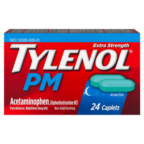 Tylenol PM Extra Strength Nighttime Pain Reliever and Sleep Aid Caplets help relieve minor aches and pains and help you fall asleep fast for a more restful sleep. This nighttime pain relief medicine provides 500 mg of acetaminophen and 25 mg of diphenhydramine hydrochloride in each caplet. Both a pain reliever and non-habit forming sleep aid, it is formulated to help you fall asleep and stay asleep while also relieving headaches and minor aches and pain. From Tylenol, the number 1 doctor-recommended brand for pain relief and fever reduction, it can be used by adults and children 12 years and older, and is nonhabit forming when used as directed.