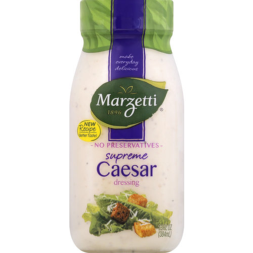 Make everyday delicious. 1896. No preservatives. New recipe. Better taste! We want our dressings to add life to your crisp, fresh salads. So we're on a never-ending quest to make better dressings from better ingredients. We hope you'll love our Supreme Caesar as much as we do. www.marzetti.com. Questions or comments? www.marzetti.com. 1-800-999-1835.