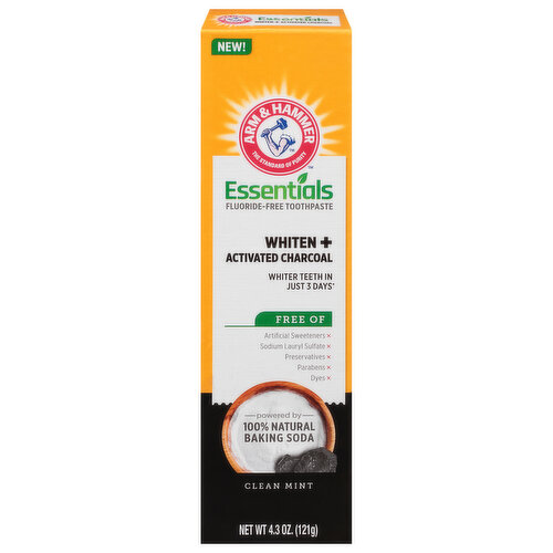 Arm & Hammer Essentials Toothpaste, Fluoride, Whiten + Activated Charcoal, Clean Mint