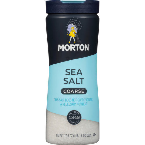 Non-GMO. This salt does not supply iodide, a necessary nutrient. Best for finishing & adding texture. The flavor and crunch of Morton Coarse Sea Salt make it an ideal finishing salt for meat and poultry, seafood, vegetables and even desserts. how2recycle.info. www.MortonSalt.com. Facebook: Facebook.com/MortonSalt. Instagram: Instagram(at)mortonsalt. Questions? Call 1-800-789-SALT (7258). For recipes and to learn more about our culinary salts, visit www.MortonSalt.com. Bottle and cap are BPA-free. Product of Spain.