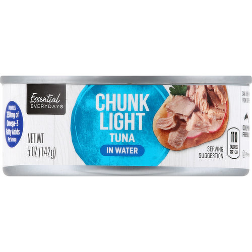 110 calories per 1 can. Provides 230 mg of omega-3 fatty acids per serving. Dolphin friendly. Wild caught/dolphin safe. www.essentialeveryday.com Contact us at www.essentialeveryday.com or 855-423-2630. Steel please recycle. Can liner not derived from Bisphenol- A (BPA). Product of Thailand.