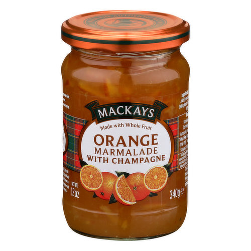 Marmalade with champagne. No added colors or flavors. Suitable for gluten free & vegetarian diet. Made with whole fruit. Using traditional open copper pans, the highest quality soft fruit and our authentic methods, we ensure rich fruit flavors in every batch and that special home-made taste you expect from Mackays. Since 1938. Made the Authentic way in copper pans. Does not contain high fructose corn syrup. mackays.com. Scan with smartphone. Facebook/mackays.jams. Made in Scotland.