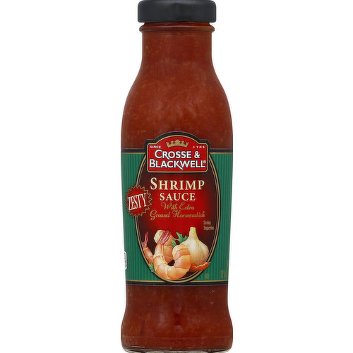 With extra ground horseradish. Zesty. Since 1706. Full-bodied and spicy, Crosse & Blackwell Zesty Shrimp Sauce is made to engage your senses! Ground horseradish and spices are balanced with sweet tomato, to create a lively sauce that will awaken and surprise your palate! Great with capers and olives on pasta. Try on your burger and fries or with fried onion rings. Call toll free 1-888-643-7219 with questions or comments. For recipes and seasonal ideas, visit us at crosseandblackwell.com. 90 calories per 1/4 cup.