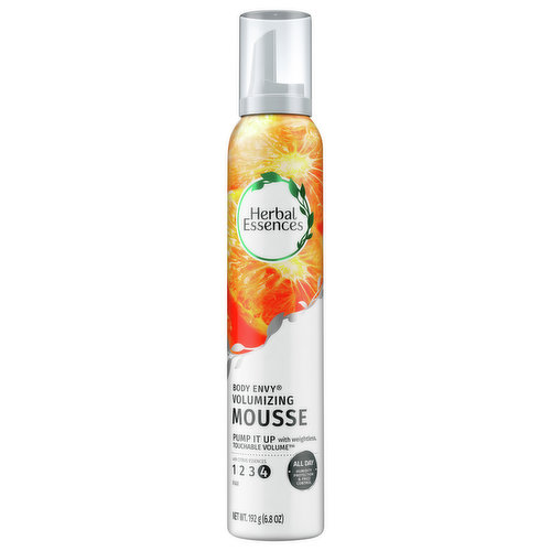Keep the volume cranked all day long with Herbal Essences Body Envy Volumizing Hair Mousse. Scented with notes of citrus essences, this maximum-hold, level 4 mousse keeps humidity and frizz at bay with a pH-balanced, color-safe formula containing 0% parabens, silicones or colorants. To finish your gravity-defying style, just shake it, foam it and work into hair before drying on low heat.