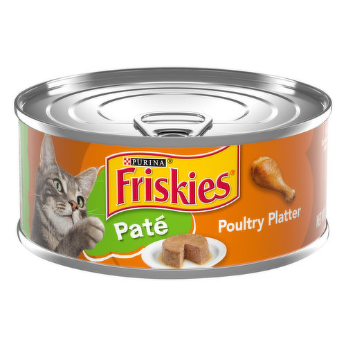 Calorie Content (calculated) (ME): 1163 kcal/kg, 181 kcal/can.  Friskies Pate Poultry Platter is formulated to meet the nutritional levels established by the AAFCO Cat Food Nutrient Profiles for growth of kittens and maintenance of adult cats. 100% complete & balanced nutrition for adult cats & kittens. Purina.com. Please recycle. Printed in USA.