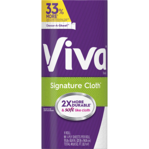 91 1- Ply sheets rolls 11.0 X 5.9 inch. (27.9 X 14.9 cm) total 41.0 sq ft (3.7 sq m). 33% more (sheets vs Viva multi surface cloth regular roll 52 ct choose a sheet). 2X more durable (when wet vs the leading value brand) & soft like cloth. vivatowels.com. how2recycle.info. Get coupons and learn more at vivatowels.com. If you have questions or comments, please call toll free 1-800-553-3639. FSC: Mix - Paper from responsible sources. FSC www.fsc.org. Dispose of properly. Made in the USA from domestic and imported material.