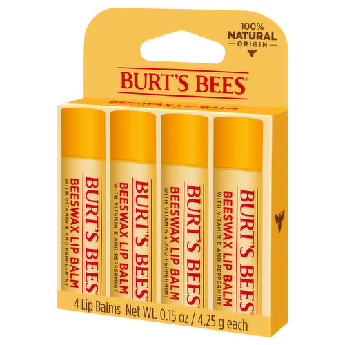 Burt's Bees 100% Natural Moisturizing Lip Balm with Beeswax, Vitamin E &  Peppermint Oil, 4 Count 