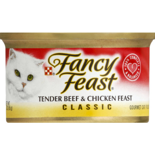 100% complete & balanced. Fancy Feast Classic Tender Beef & Chicken Feast is formulated to meet the nutritional levels established by the AAFCO Cat food nutrient profiles for all life stages. Calorie Content (calculated) 1154 kcal/kg; 98 kcal/can. Please recycle. Purina.com. Printed in USA.