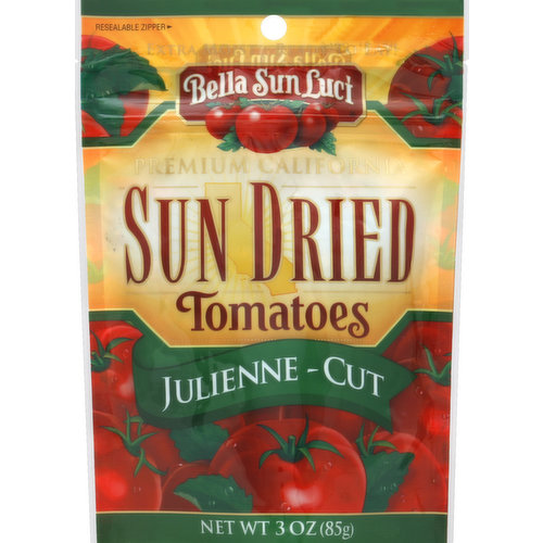 Resealable zipper. Gluten free. MED Mark: MediterraneanMark.org. Mediterranean diet approved. Sun Dried Tomatoes - a lycopene rich food! Add robust flavor to your favorite recipe or simply enjoy as a fat free snack. For more recipes visit: www.MooneyFarms.com.