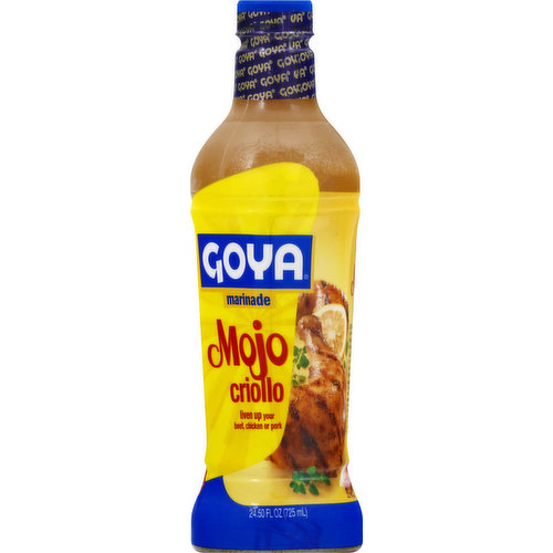 Liven up your beef, chicken or pork. Goya mojo - a tangy blend of orange and lemon juices, accented with garlic and spices - is the ideal marinade for more flavorful, moist chicken, pork and beef. Marinade in a deep dish, the longer the better, then cook as you usually would. www.goya.com. Product of Dominican Republic.