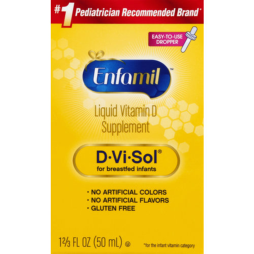 Vitamin D Supplement. For breastfed infants. Enfamil no. 1 selling brand of pediatric vitamin drops. Has the daily amount of vitamin D recommended by the American Academy of pediatrics. The American Academy of Pediatrics (AAP) recommends using 400 IU of a vitamin D supplement daily for exclusively and partially breastfed babies because of low average levels of vitamin D in breast milk. D-Vi-Sol (1 ml dose) has the daily amount of vitamin E recommended by the AAP for all breastfed infants. D-Vi-Sol has vitamin D that helps your baby's body absorb calcium for strong bones and teeth. D-Vi-Sol complements your breast milk to help provide optimal nutrition for your baby. D-Vi-Sol is lactose-free. Trust Enfamil - No. 1 selling brand of pediatric vitamin drops. If you have a question, we are here for you. Call us toll free:  1-800-Baby123, 8 am to 4:30 pm Monday-Saturday, Central Time. Or visit Enfamil.com. (This statement has not been evaluated by the Food and Drug Administration. This product is not intended to diagnose, treat, cure, or prevent any disease.) Made in Canada.