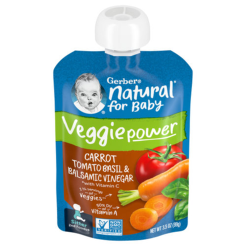 Gerber Natural for Baby Carrot Tomato Basil & Balsamic Vinegar, Veggie Power, Sitter 2nd Foods