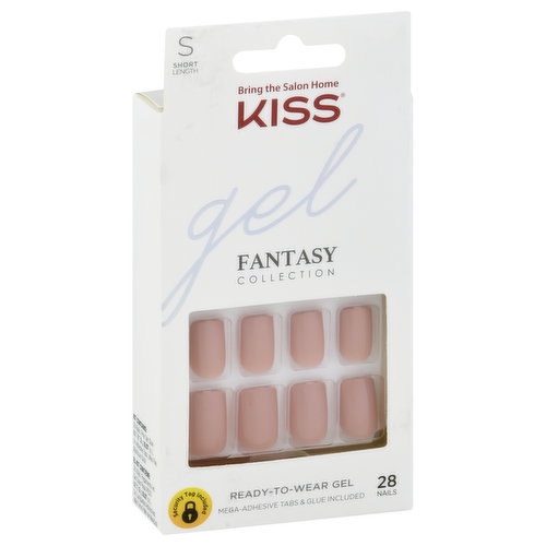 Bring the salon home. Security tag included. Ready-to-wear gel. Mega-adhesive tabs & glue included. Quality products that deliver salon results. Kit Contains: 24 nails, pink gel glue net wt 2 g (0.07 oz), 24 adhesive tabs, mini file, manicure stick. Glue on 7 day wear. KISSusa.com.