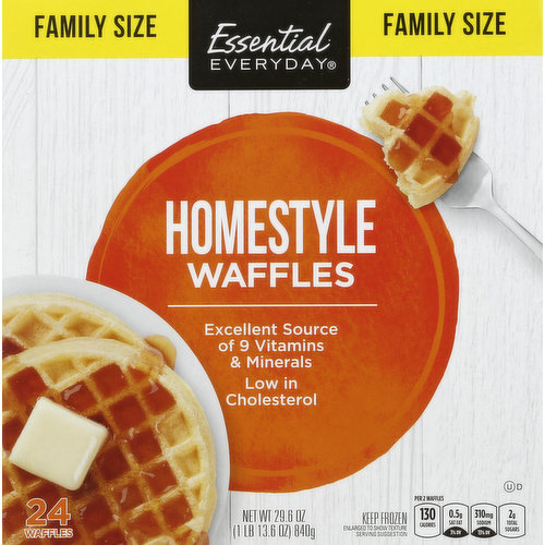 Excellent source of 9 vitamins & minerals. Low in cholesterol. Per 2 Waffles: 130 calories; 0.5 g sat fat (3% DV); 310 mg sodium (13% DV); 2 g total sugars. Great products at a price you’ll love - that’s Essential Everyday. Our goal is to provide the products your family wants, at a substantial savings versus comparable brands. We’re so confident that you’ll love Essential Everyday, we stand behind our products with a 100% satisfaction guarantee. 100% quality guaranteed. Like it or let us make it right. That’s our quality promise. 877-932-7948; essentialeveryday.com. Product of USA.