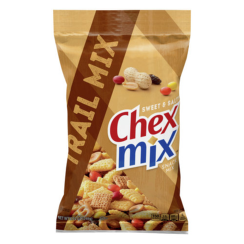 Per 1/2 Cup: 150 calories; 1.5 g sat fat (8% DV); 105 mg sodium (5% DV); 8 g total sugars. 50% Less fat than regular potato chips (Chex Mix Sweet 'N Salty Trail Mix (5 g fat per35 g serving) has 55% less fat than regular potato chips (12 g fat per 35 g serving). Contains bioengineered food ingredients. Learn more at Ask.GeneralMills.com. Just the Right Mix: Corn Chex; Round Pretzel; Chocolatey Candy; Wheat Chex; Square Pretzel; Raisins & Peanuts. how2recycle.info. www.generalmills.com. Facebook. Instagram. Twitter. Box Tops for Education: No more clipping. Scan your receipt. See how at btfe.com. Carbohydrate Choices: 1-1/2.