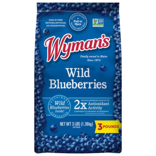 Nothing artificial. No preservatives. Family owned in Maine since 1874. Sustainably Harvested: Wild blueberries inside! Wild blueberries have up to 2x antioxidant activity. Compared to ordinary blueberries (Based on antioxidants activity measured). Same size! Thank you for picking up a bag of Wyman's - one of the only wild things you'll find in the grocery store! We're a family owned business from Maine - home to moose, bears, light houses, rocky shores, and the perfect ecosystem for a remarkable fruit to grow in abundance: the wild blueberry. Wild blueberries are different. They aren't planted by man. They aren't organized into perfect rows. They spread through horizontal underground stem and root systems (called rhizomes) and cover the beautiful landscape like a carpet. They've been growing in our glacial soils for over 10,000 years and we've been lucky to harvest them for the last 140 or so. We think you'll agree after just one taste, that their bold flavor is truly second to none. As we've grown, we've built relationships with like-minded partners to create fruit blends that include other delicious, sustainably harvested fruits from around the world to complement our wild blueberries. We've also recently developed an exciting array of innovative fruit products in convenient packaging, all geared towards making it easier for more people to eat healthy and delicious whole fruits. We hope you'll give them a try - and we thank you for your support! - The Wyman Family John, Liz, Nick, Sarah & Tom. Our Promise: We strive to freeze our fruit within 24 hours of harvest to lock in nutrition and flavor at its peak. We ensure our quality consistently exceeds USDA Grade A standards. We use state of the art sorting technology to select only the very best fruit. We ensure our wild blueberries and all our fruit are always non-GMO. Wildly Better! Washed & ready to serve. Fun Fact: The scientific name for the wild blueberry is vaccinium angustifolium.