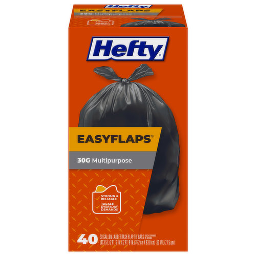 Strong & reliable. Tackle everyday demands. Superior Strength: Resist punctures, leaks & tears; simple flap tie closure; large capacity. May contain a light scent. Hefty is committed to advancing sustainable, end-of-life solutions for plastic waste. Check out www.hefty.com to learn more about our latest programs and products.