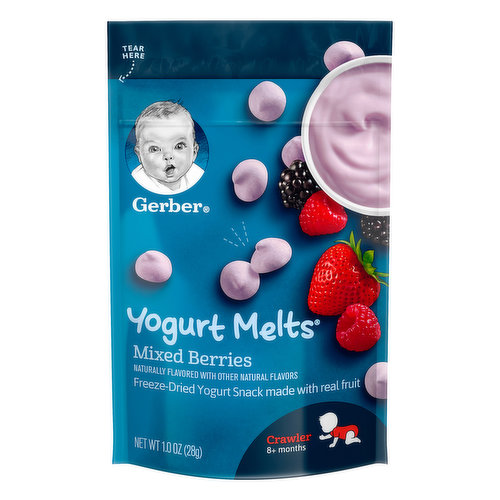 8+ months. Freeze-dried yogurt snack made with real fruit. Crawler. Naturally flavored with other natural flavors. No artificial flavors. The goodness of real yogurt & fruit. Made with real yogurt and fruit. Melt-in-your mouth good. Perfectly sized for picking up. Simply the Good stuff: No artificial flavors or artificial sweeteners; No preservatives. Your baby may be ready for Yogurt Melts snacks if they: Crawl with stomach off the floor; Begin to self-feed with fingers. MyGerber.com. how2recycle.info. Learn More. We're awake when you are. Head to MyGerber.com to meet Dotti, your on-call personal baby expert. Or call us anytime: 1-800-4-Gerber. For Spanish: 1-800-511-6862.