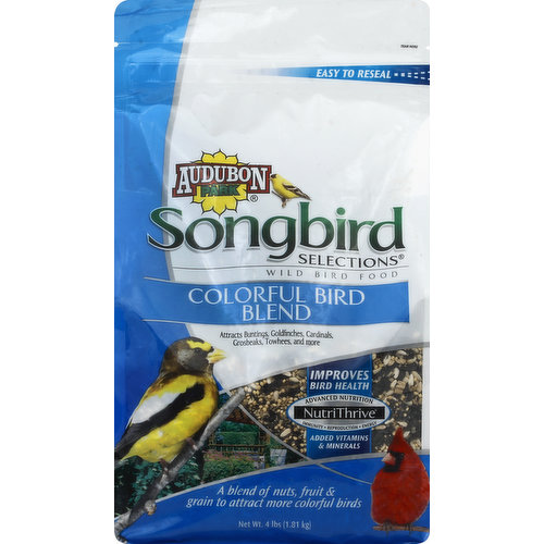 Attracts buntings, goldfinches, cardinals, grosbeaks, towhees, and more. Improves bird health. NutriThrive: Advanced nutrition. Immunity. Reproduction. Energy. Added vitamins & minerals. A blend of nuts, fruit & grain to attract more colorful birds. Easy to reseal. Enriched with vitamins and minerals for avian health. Reproduction: With calcium, vitamin E and amino acids. Immunity: With omega-3 fatty acids, zinc, and vitamin A. Energy: With riboflavin and biotin. Find out which products birds in your neighborhood like best. Use your phone or visit audubonpark.com to learn more. audubonpark.com. Made in the USA.