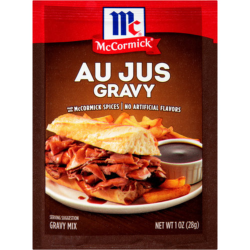 Rich, beefy and delicious gravy. With this special seasoning mix, making inspired French dip sandwiches is easier than ever! Just like you'd get at a premium restaurant. So go ahead, eat in!

McCormick Au Jus Gravy is perfect for dipping or serving over favorite dishes. Made with McCormick spices, this seasoning mix doesn't contain MSG or artificial flavors or colors, so you can serve French dip-inspired sandwiches or juicy roasts knowing you're serving your family the very best.