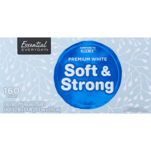 Soft & strong.  Each 8.2 in x 8.4 in (20.8 cm x 21.3 cm). Compare to Kleenex (Kleenex is a registered trademark of Kimberly-Clark Worldwide, Inc. This product is not manufactured or made under the authorization of Kimberly-Clark Worldwide, Inc. or one of its subsidiaries). 100% Quality Guaranteed. Like it or let us make it right. That's our quality promise. essentialeveryday.com. Sustainable Forestry Initiative. Certified Sourcing. www.sfiprogram.org. Certified: 100% recycled paperboard. Made in USA from domestic and imported materials.