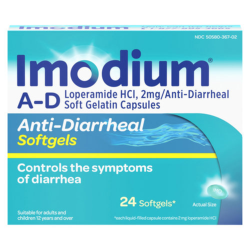 Experience relief and help treat and control diarrhea symptoms with Imodium A-D Anti-Diarrheal Softgels with Loperamide HCl. The proven formula of this anti-diarrheal medicine is designed to work with your body to slow down your system and restore its natural rhythm and balance, often in just one dose. Suitable for adults and children ages 12 and older, each softgel capsule contains 2 mg of loperamide hydrochloride to help control symptoms of diarrhea due to acute, active and Traveler's diarrhea. From the number 1 doctor-recommended anti-diarrheal brand for symptom treatment and control, Imodium A-D works faster than the prescription diarrheal medication Lomotil, containing diphenoxylate and atropine. The convenient tear-away packaging makes these capsules ideal for use anywhere, both at home or on-the-go.