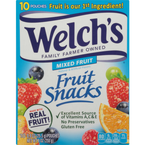 Natural & artificial flavors. Per Pouch: 80 calories; 0 g sat fat (0% DV); 20 mg sodium (1% DV); 11 g sugars. 80 calorie pouches. Gluten free. Fat free. Excellent source of vitamins A, C & E. Fruit is our 1st ingredient! Family farmer owned. Made with real fruit! At Welch's, we put the fruit in fruit snacks. We make the brands you love. These fruit snacks are not intended to replace fresh fruit in the diet. No preservatives. Preservative free. www.welchsfruitsnacks.com. Comments or questions? Call 1-800-340-6870 weekdays 9 am - 4 pm EST; www.welchsfruitsnacks.com. 100% recycled paperboard. Please recycle this box.