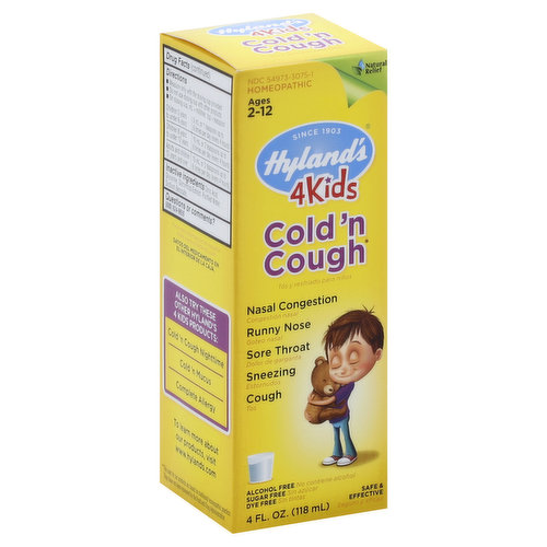 Misc: Ages 2-12. Homeopathic. Nasal congestion. Runny nose. Sore throat. Sneezing. Cough. Alcohol free. Sugar free. Dye free. Natural relief. Safe & effective. Hyland's 4 Kids Cold 'n Cough provides natural relief of common cold symptoms in children including coughing, sneezing, sore throat, runny nose, and nasal and chest congestion. Our formulas are always: Safe & effective; Made with natural active ingredients; Free of artificial colors and flavors; Free of stimulant side effects. Also Try These Other Hyland's 4 Kids Products: Cold' n Cough Nighttime; Cold'n Mucus; Complete Allergy. To learn more about our products, visit www.hylands.com. www.miHylands.com. Please recycle. (The uses for our products are based on traditional homeopathic practice. They have not been reviewed by the Food and Drug Administration.).