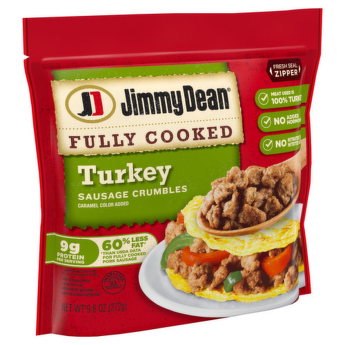 Made with premium turkey, seasoned to perfection with our signature blend of spices, Jimmy Dean Ground Turkey Sausage Crumbles are a quick and tasty addition to any meal. Fully cooked ground sausage is ready in less than a minute. Simply microwave turkey crumbles and add to a breakfast skillet for brunch or into your favorite chili recipe for dinner.
