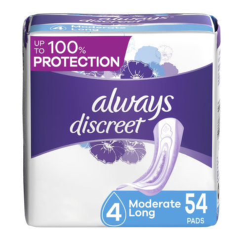 Always Discreet Discreet Always Discreet Pads, Moderate Absorbency, Long Length, 54 Count